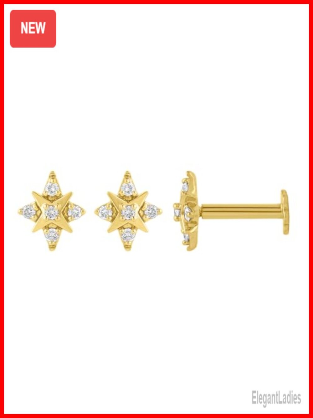 14K Gold Plated Silver Diamond Star Stud Earrings Screw Back